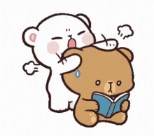 a cartoon of a teddy bear reading a book while another teddy bear hugs him .