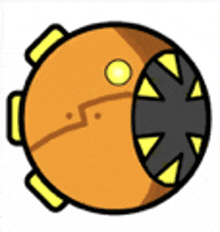 a cartoon drawing of a robot with a yellow and black wheel and triangles on it .