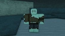 a roblox character is standing on a snowy surface in a room .