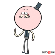 a cartoon character with a top hat on his head is pointing up .