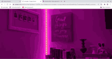 a picture of a bedroom with purple lights and a sign that says good things are going to happen