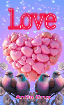 an animated image of birds and a heart made of pink hearts with the word love above it