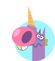 a purple unicorn blowing a pink bubble with a yellow horn