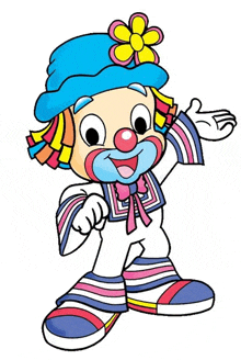 a cartoon drawing of a clown wearing a blue hat and a flower on his head .