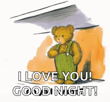 a teddy bear is standing in front of a wall and says i love you good night