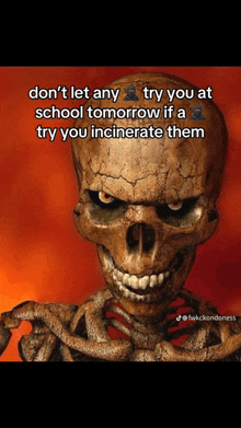 a picture of a skeleton with a caption that says don 't let any try you at school