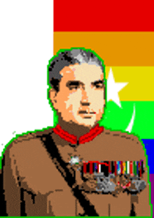 a pixel art of a man in a brown uniform with a rainbow flag in the background