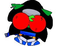 a cartoon character with red eyes and a green leaf on its head