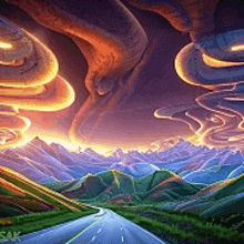 a painting of a road going through a landscape with mountains in the background