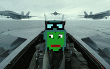 a pixelated image of a person in a fighter jet