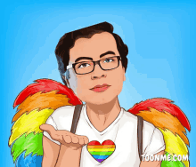 a cartoon of a man with rainbow wings and a rainbow heart on his shirt that says toonme.com