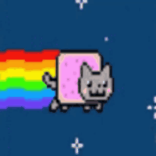 a pixel art of a cat flying through the air with a rainbow behind it .