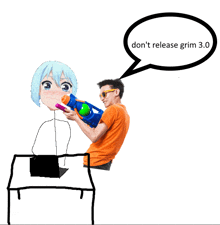 a drawing of a man holding a water gun with a speech bubble that says " don 't release grim 3.0 " above