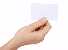 a woman 's hand holding a white card with a white background