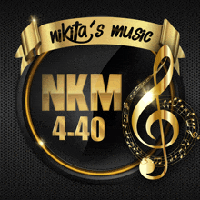 a logo for nikita 's music with a gold treble clef