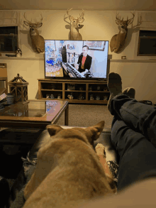 a man playing a keyboard in front of a television