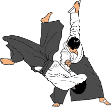 a cartoon drawing of two men practicing martial arts against a white background