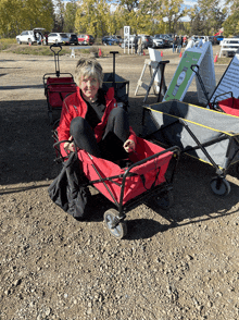 a woman in a red jacket sits in a wagon