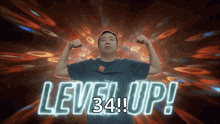 a man is flexing his muscles in front of the words level up