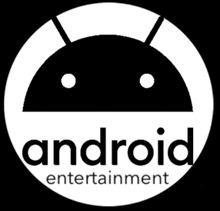 a logo for android entertainment with a black robot face