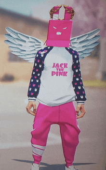 a cartoon character with wings and a pink box on his head that says jack the pink