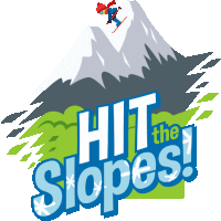 a logo for hit the slopes shows a person skiing down a snow covered mountain