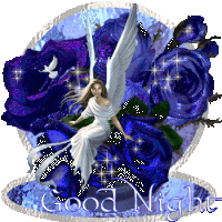 an angel is sitting on a blue rose with the words good night below her