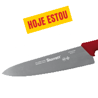 a starrett knife with a red handle and a yellow sticker that says " hoje estou "