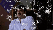 a man with a mustache is surrounded by math equations including x2