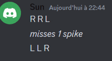 a screenshot of a discord chat with rrl misses 1 spike and llr