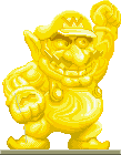 a pixel art of a yellow statue of a man with a crown on his head .