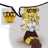 a cartoon of a girl wearing glasses and a choker talking to a yellow smiley face .