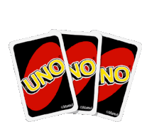 three uno cards are stacked on top of each other on a white background