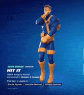 a superhero in a blue and yellow outfit with the words hit it on the bottom