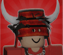 a cartoon character wearing a red hat with horns and a chain around his neck