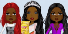 three dolls are standing next to a bag of lays