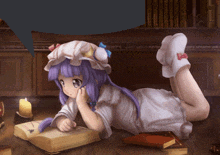 a girl with purple hair is reading a book on the floor