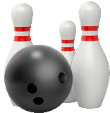 a bowling ball and three pins with red stripes