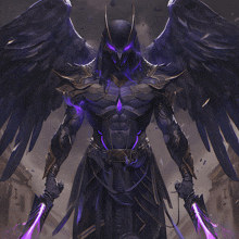 a man with wings is holding a pair of purple knives