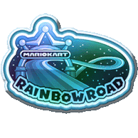 a mario kart rainbow road sticker with a crown on top