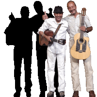 two men are standing next to each other holding guitars and giving a thumbs up