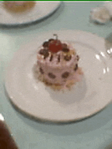 a white plate topped with a small pink cake