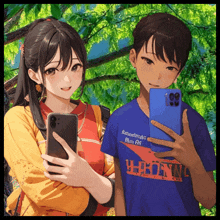 a boy and a girl taking a picture with their phones