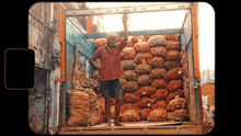 a man in a red shirt is standing in the back of a truck filled with bags of vegetables