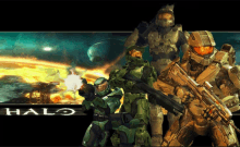 a group of soldiers are standing in front of a halo sign