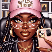 a woman wearing a pink hat that says self love is the first love .