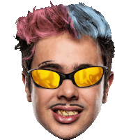 a man with pink and blue hair wearing yellow sunglasses