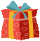 a red and yellow gift box with a blue bow on top .