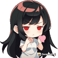 a girl with long black hair is holding a pink heart with facemoji ai written on the bottom