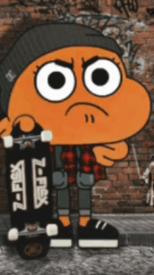 a cartoon character holding a skateboard that says flex on it